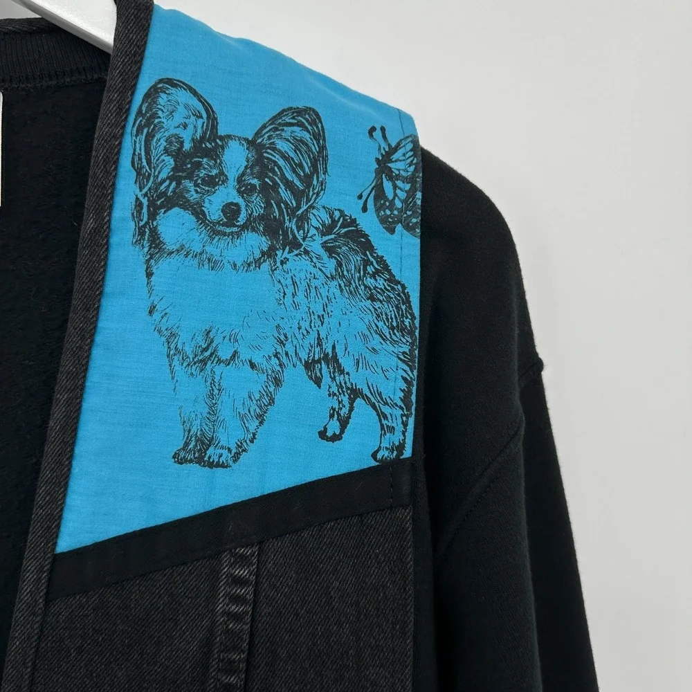 Vintage Upcycled Papillion Dog‎ Lover Jacket Size Small Fleece Denim Pockets